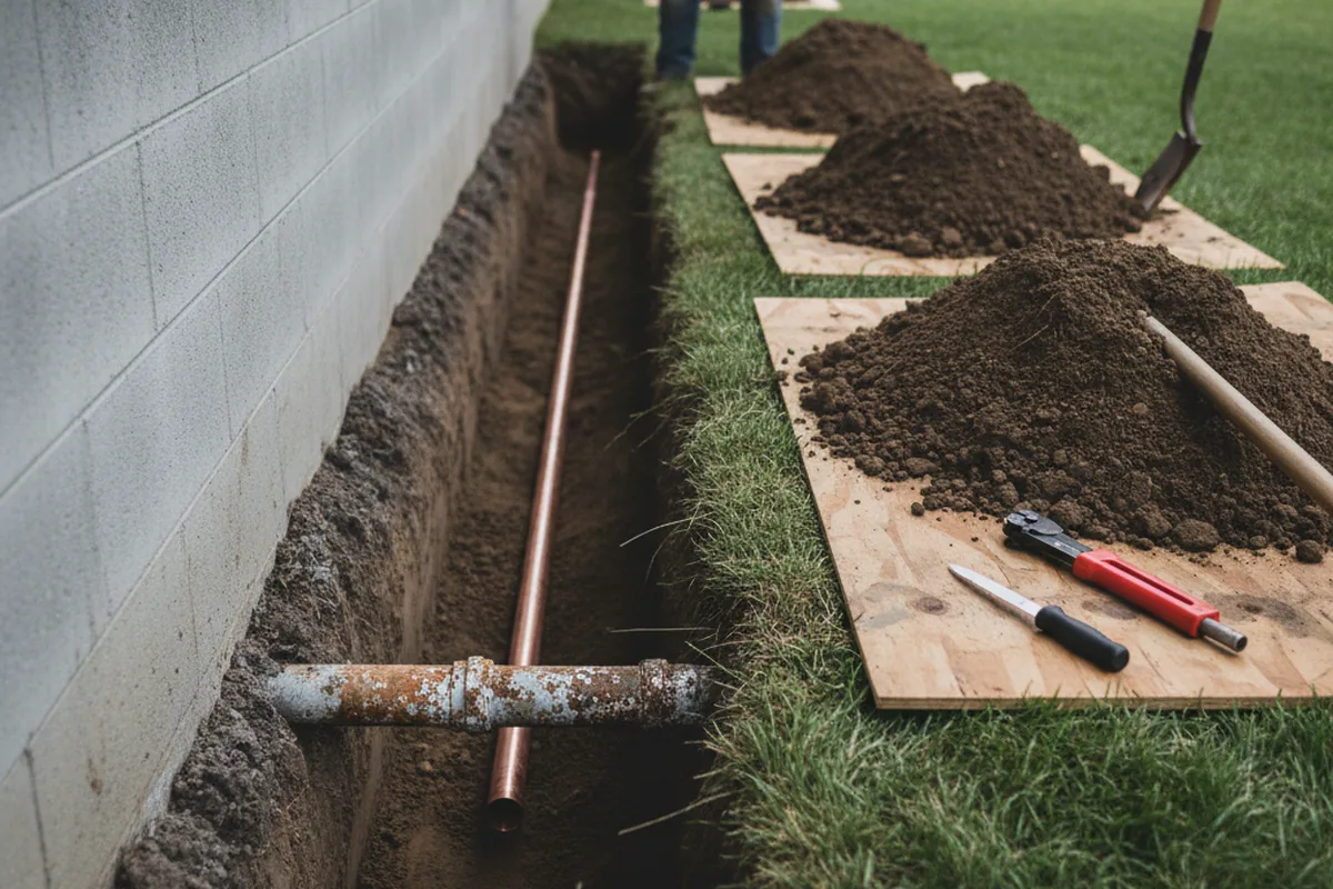 Excavated water line trench during Water Heater Repair in Woodcliff Lake